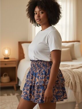 Universal Thread Tan Mini Skirt with Blue Floral Print